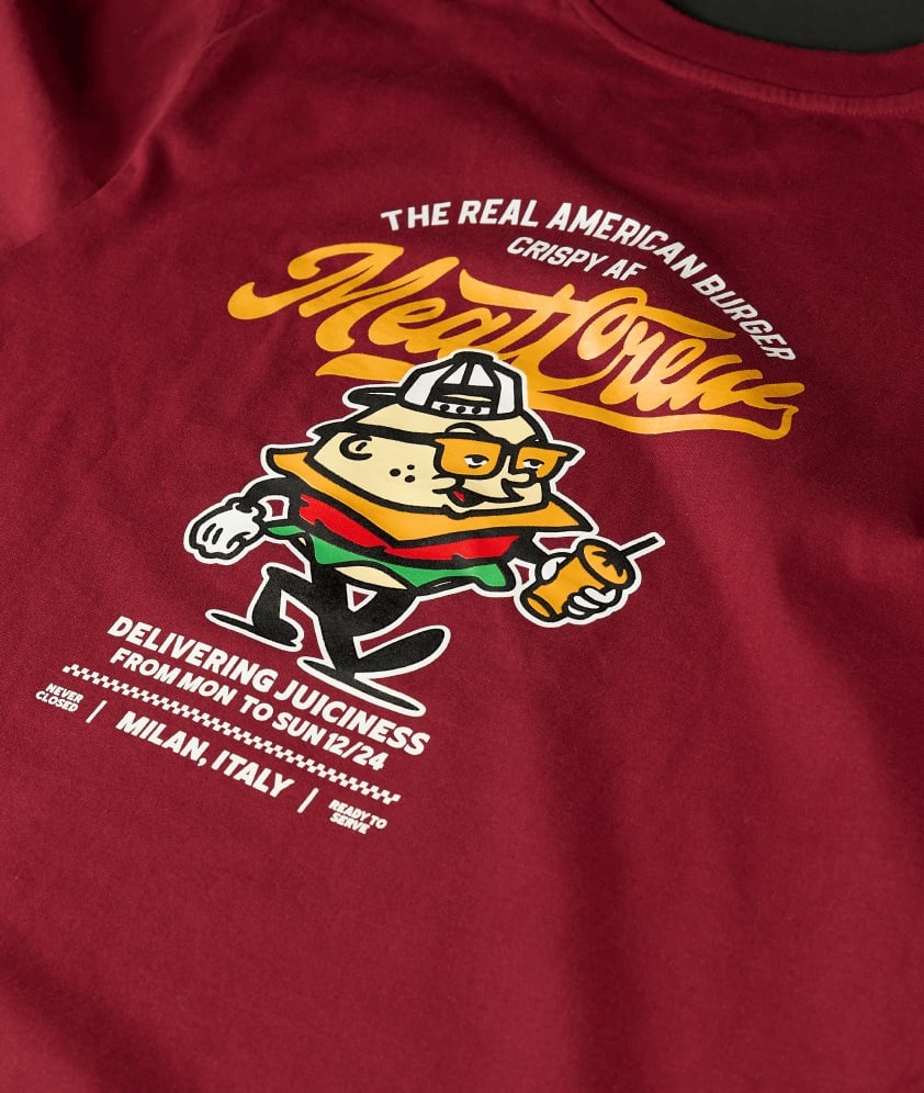 Burgundy Meat Crew t-shirt with mascot graphic